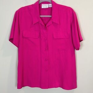 Edward petites hot pink button down short sleeve 100% silk career wear shirt